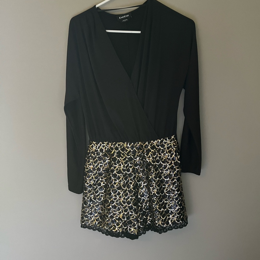 Bebe Black and Gold Sequin Romper